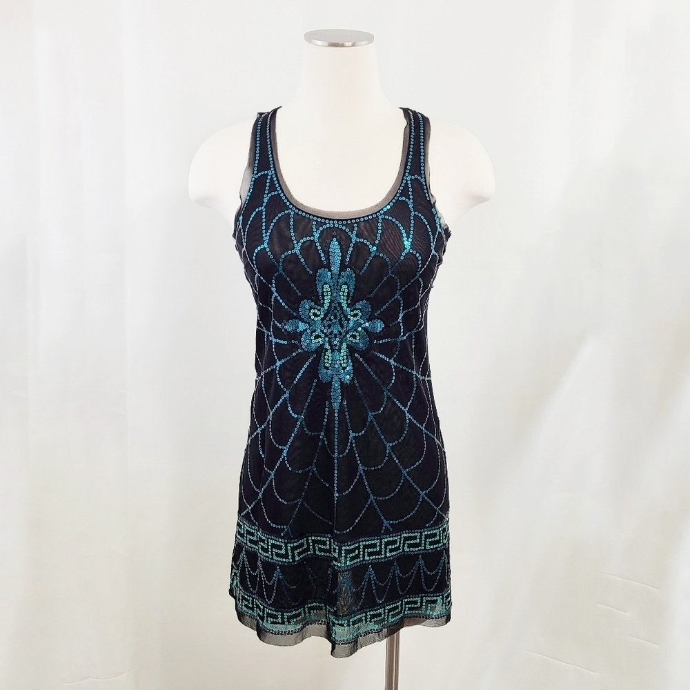 Chelsea & Violet sequin mini dress teal blue black sheer sleeveless size XS